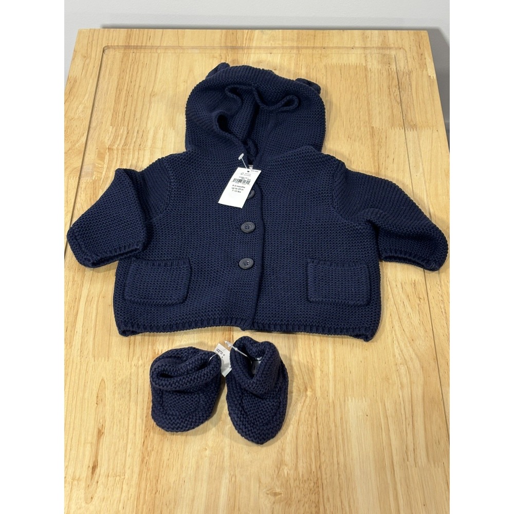 Baby Gap Boy Girl Navy Bear Hooded Cotton Cardigan Sweater & Booties 0-3 month